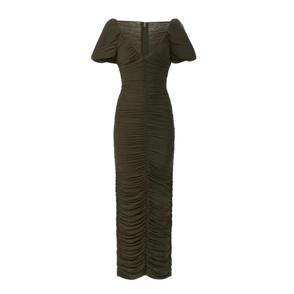 Ronny Kobo Olive Mesh Ruched Midi Dress MEDIUM Slinky Bodycon Cocktail Designer - Picture 9 of 12